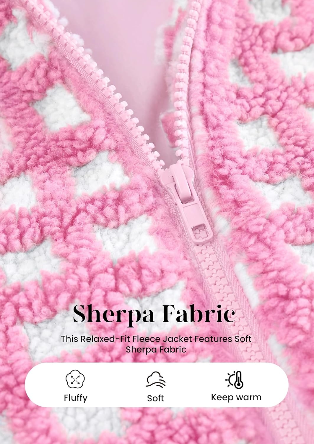 image:imagePRETTYGARDEN Womens Gingham Sherpa Fleece Jacket Plaid Cropped Teddy CoatPlaid Pink White