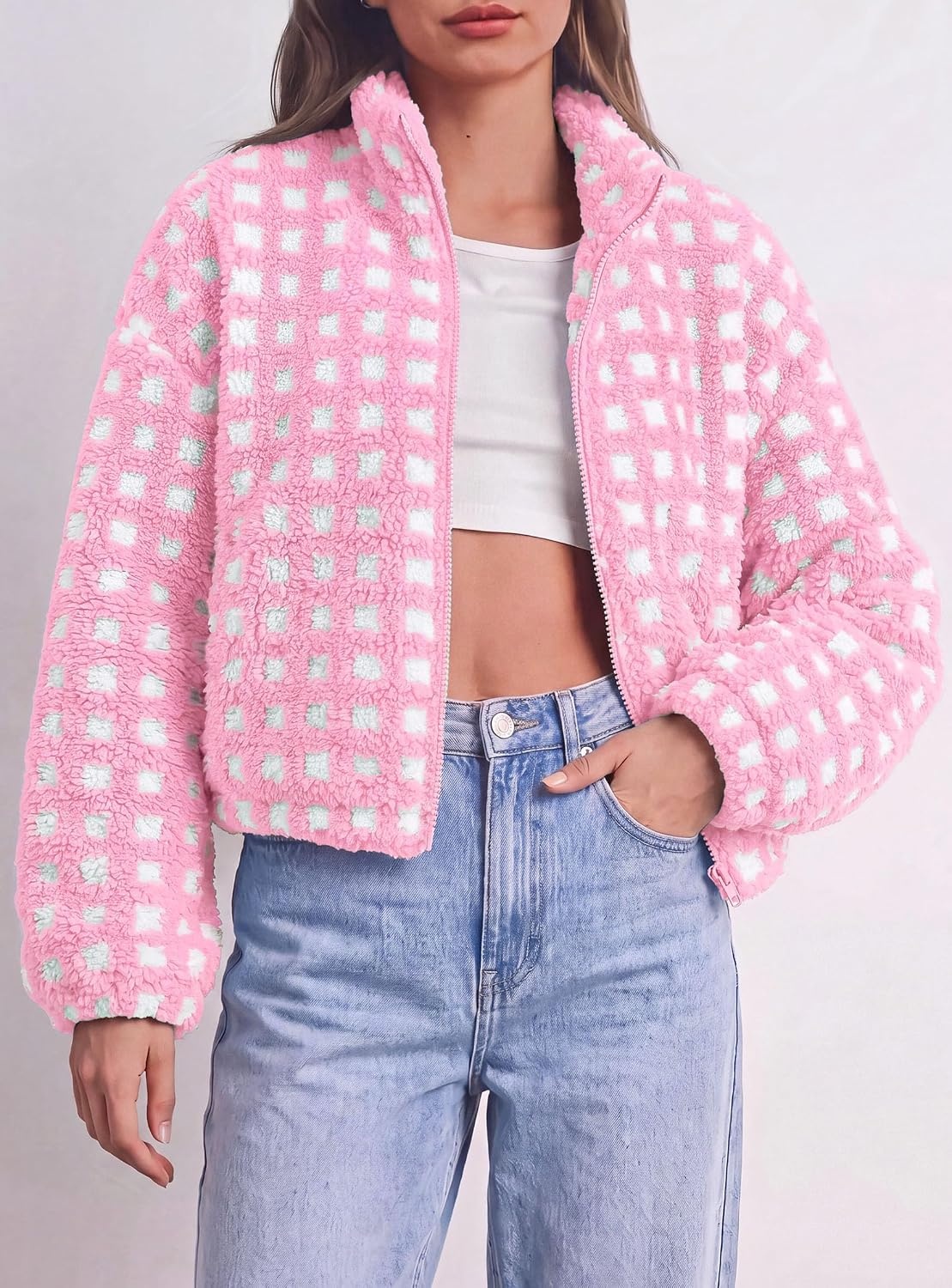 image:imagePRETTYGARDEN Womens Gingham Sherpa Fleece Jacket Plaid Cropped Teddy CoatPlaid Pink White