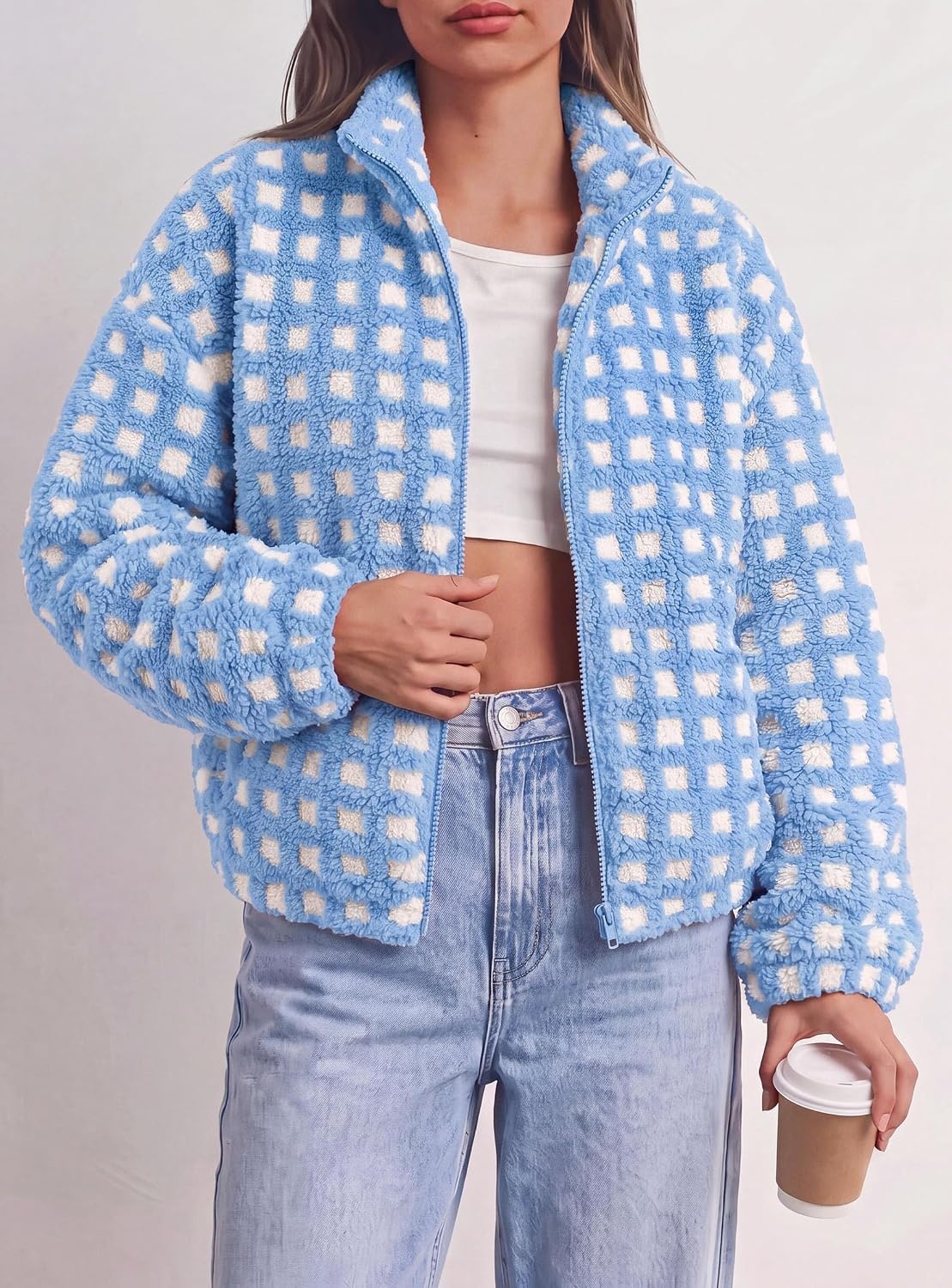 image:imagePRETTYGARDEN Womens Gingham Sherpa Fleece Jacket Plaid Cropped Teddy CoatPlaid Sky Blue White