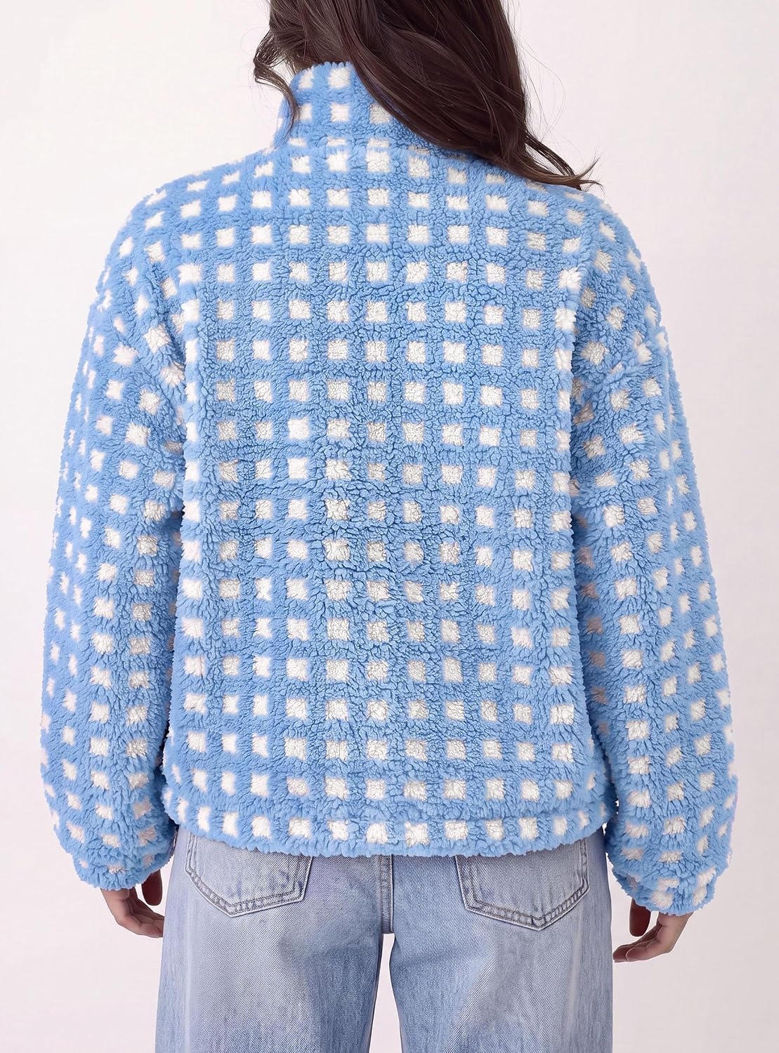 image:imagePRETTYGARDEN Womens Gingham Sherpa Fleece Jacket Plaid Cropped Teddy CoatPlaid Sky Blue White