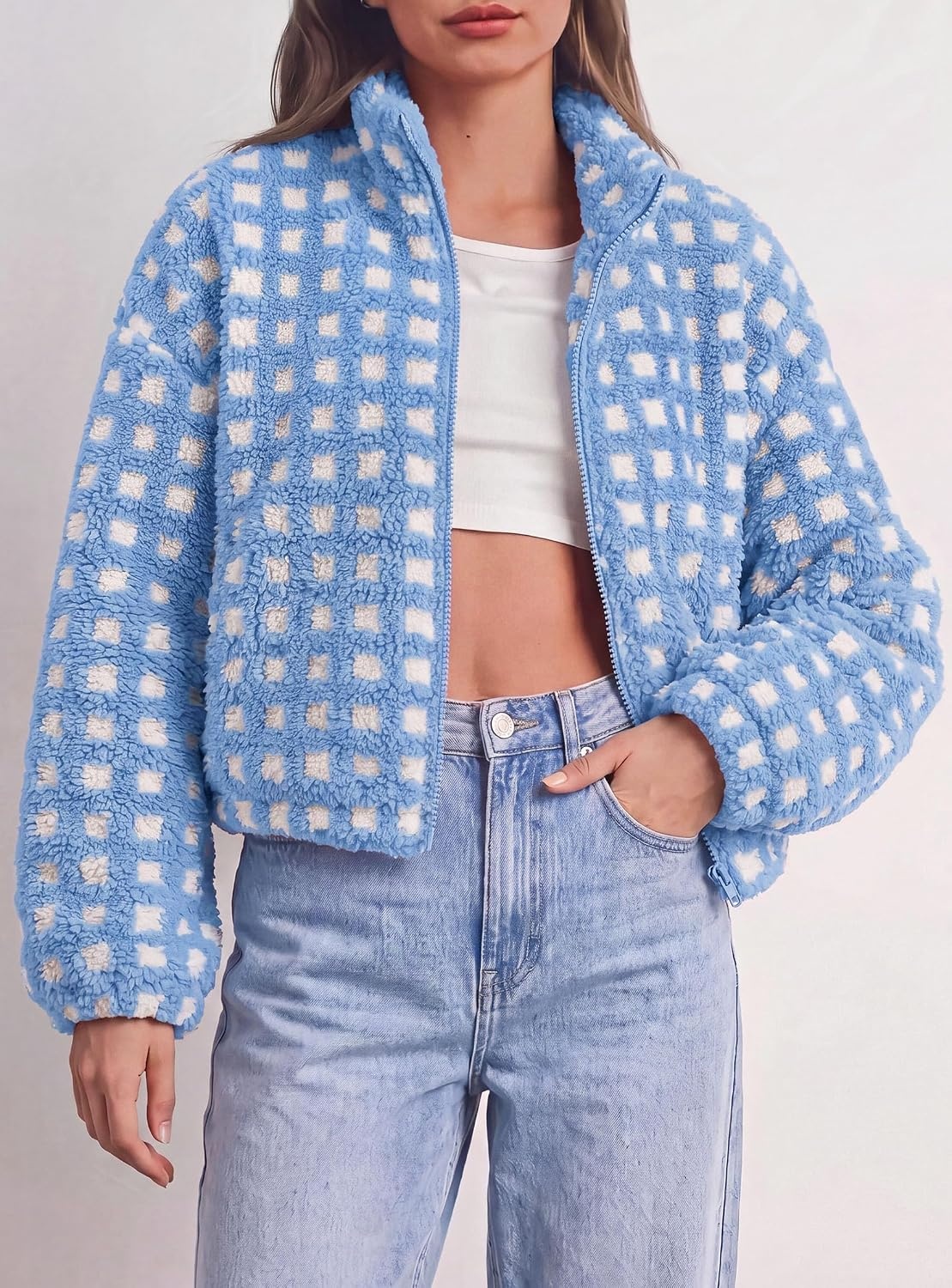 image:imagePRETTYGARDEN Womens Gingham Sherpa Fleece Jacket Plaid Cropped Teddy CoatPlaid Sky Blue White