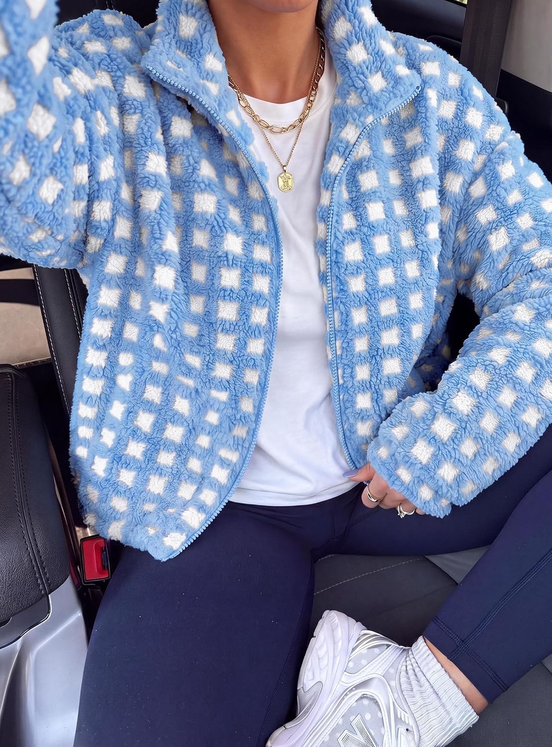 image:imagePRETTYGARDEN Womens Gingham Sherpa Fleece Jacket Plaid Cropped Teddy CoatPlaid Sky Blue White