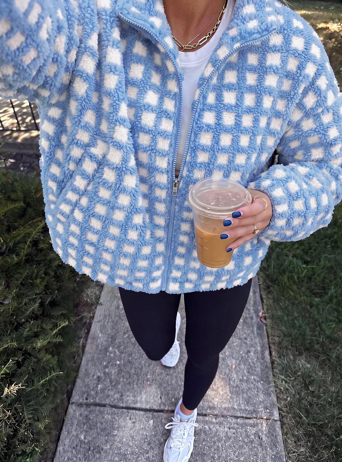 image:imagePRETTYGARDEN Womens Gingham Sherpa Fleece Jacket Plaid Cropped Teddy CoatPlaid Sky Blue White