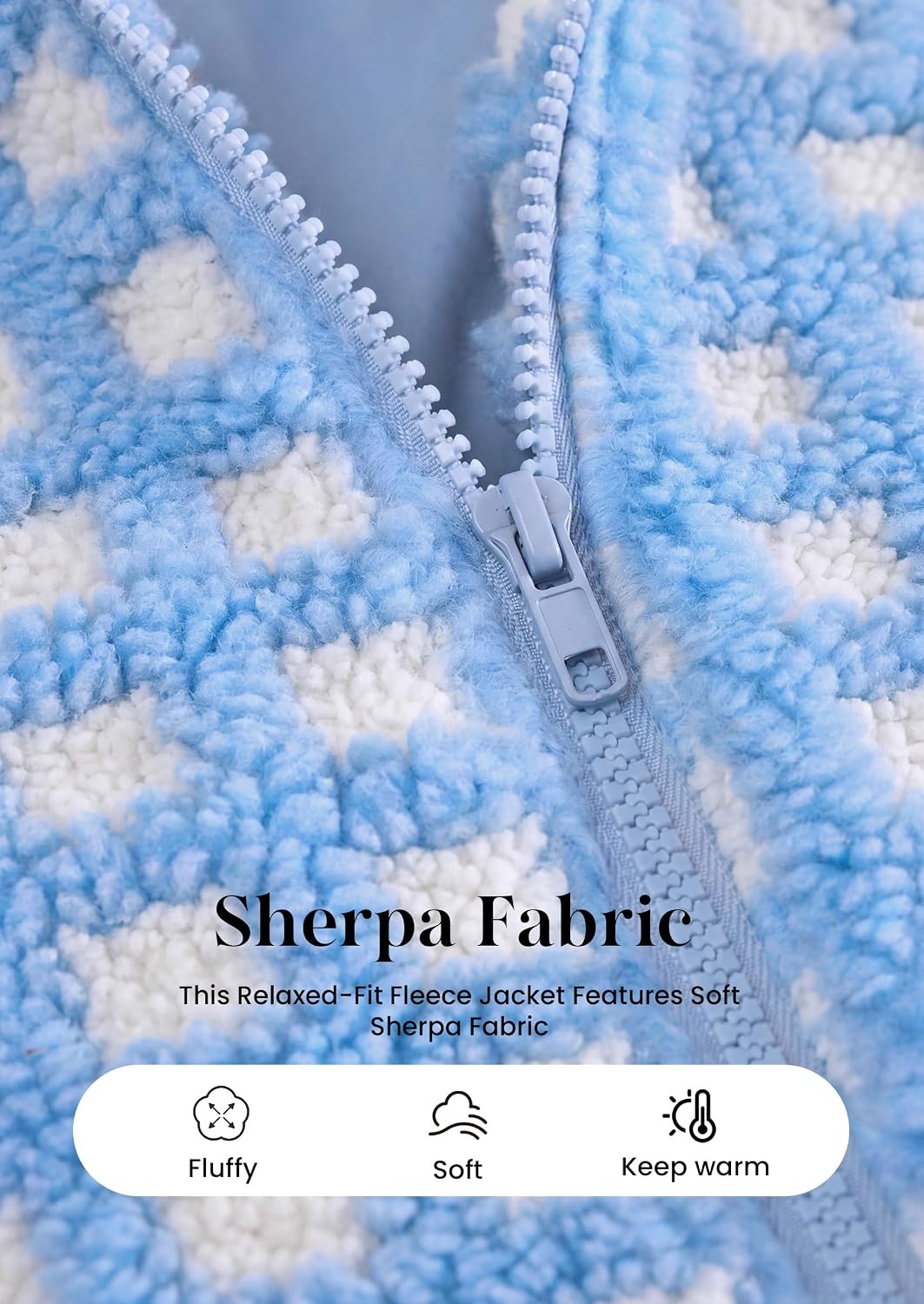 image:imagePRETTYGARDEN Womens Gingham Sherpa Fleece Jacket Plaid Cropped Teddy CoatPlaid Sky Blue White