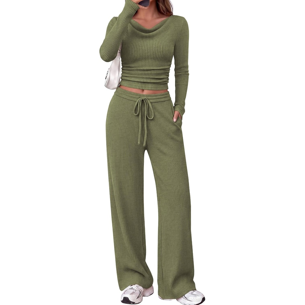 image:imagePRETTYGARDEN Matching Sets Women Clothing Fall Ribbed 2 Piece Lounge SetArmy Green