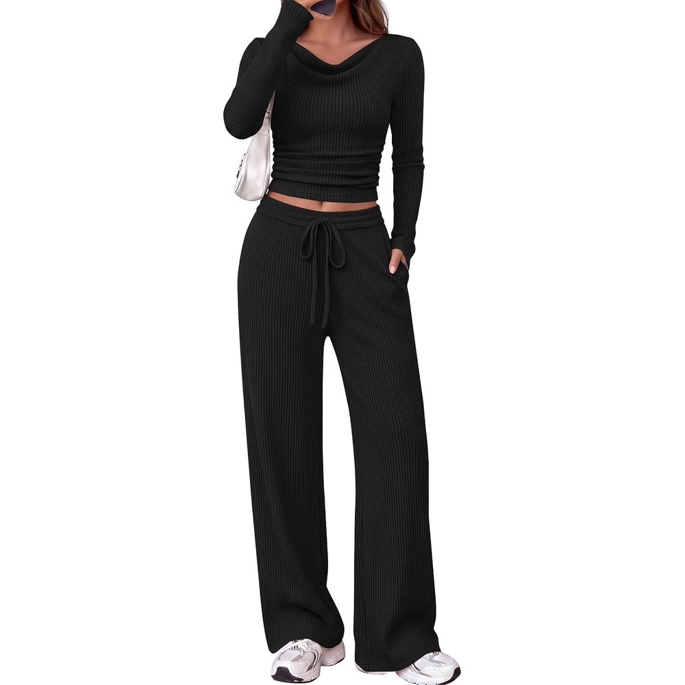 image:imagePRETTYGARDEN Matching Sets Women Clothing Fall Ribbed 2 Piece Lounge SetBlack