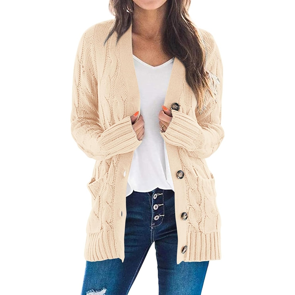 image:imagePRETTYGARDEN Women Chunky Cable Knit Cardigan Sweaters Fall Fashion ClothesBeige