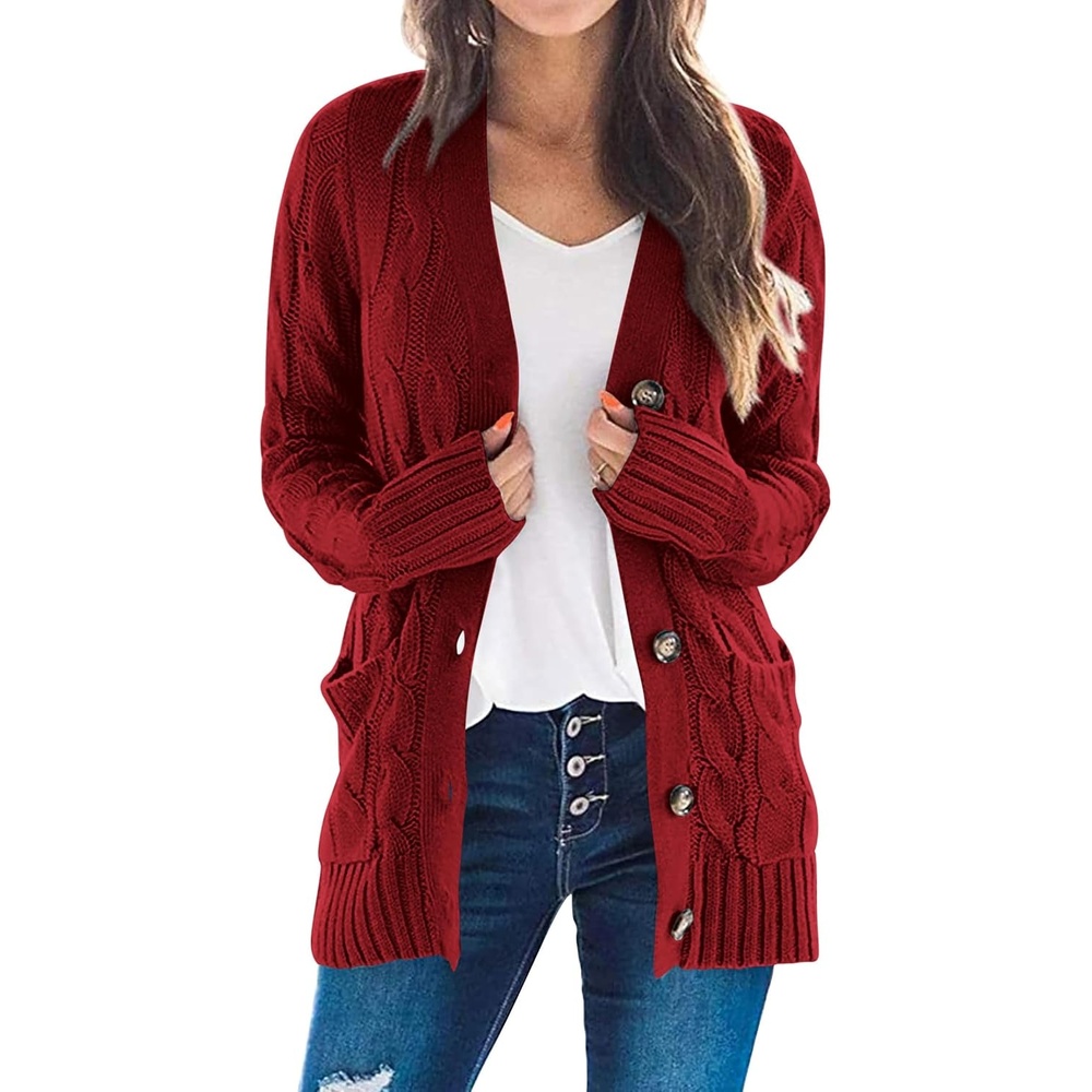 image:imagePRETTYGARDEN Women Chunky Cable Knit Cardigan Sweaters Fall Fashion ClothesWine Red