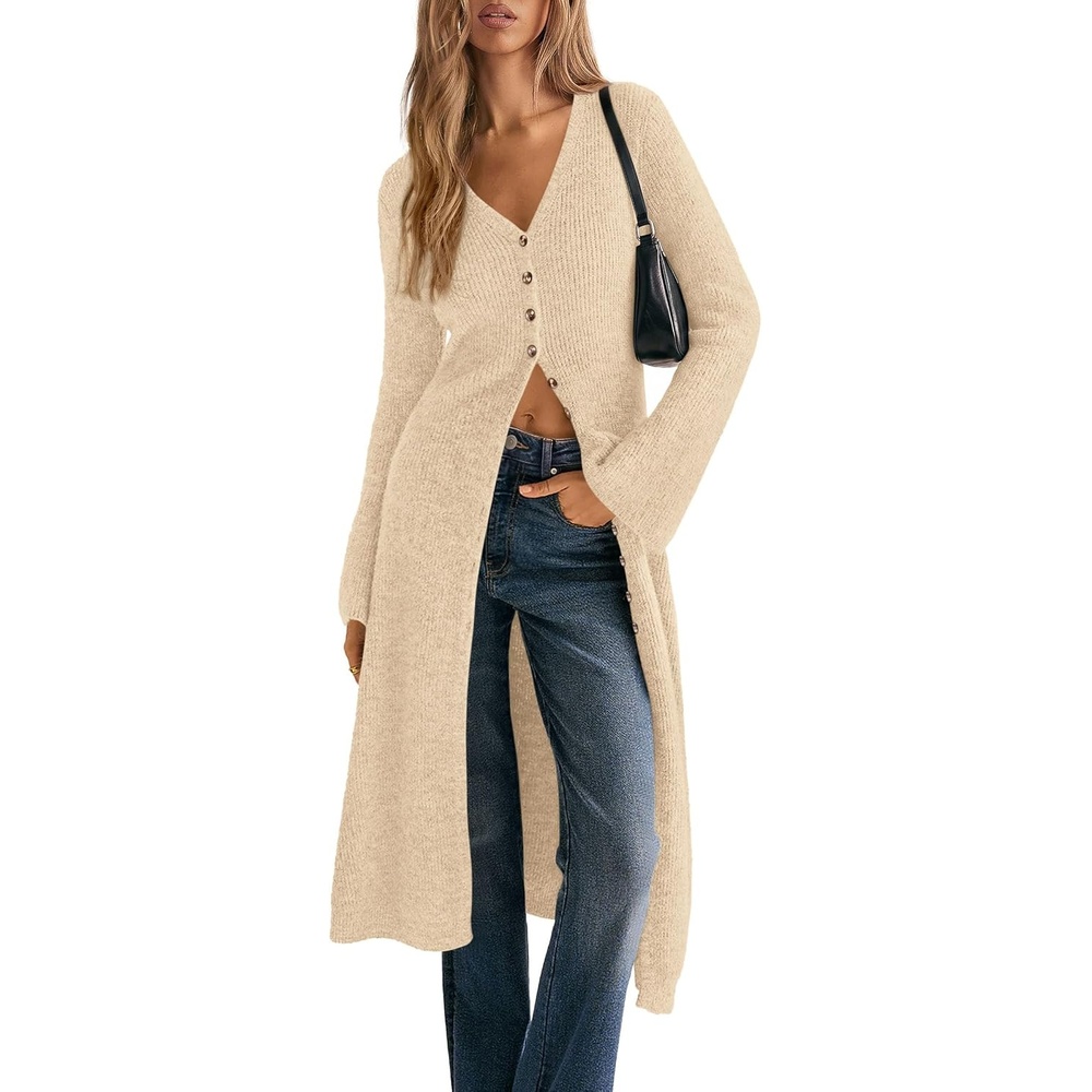 image:imagePRETTYGARDEN Women Long Cardigan Bell Sleeve Sweater DressBeige