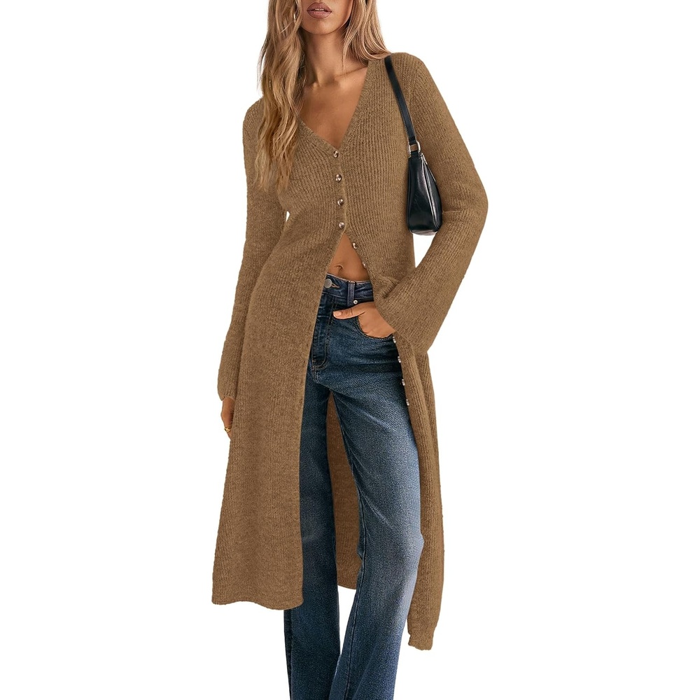 image:imagePRETTYGARDEN Women Long Cardigan Bell Sleeve Sweater DressDark Khaki