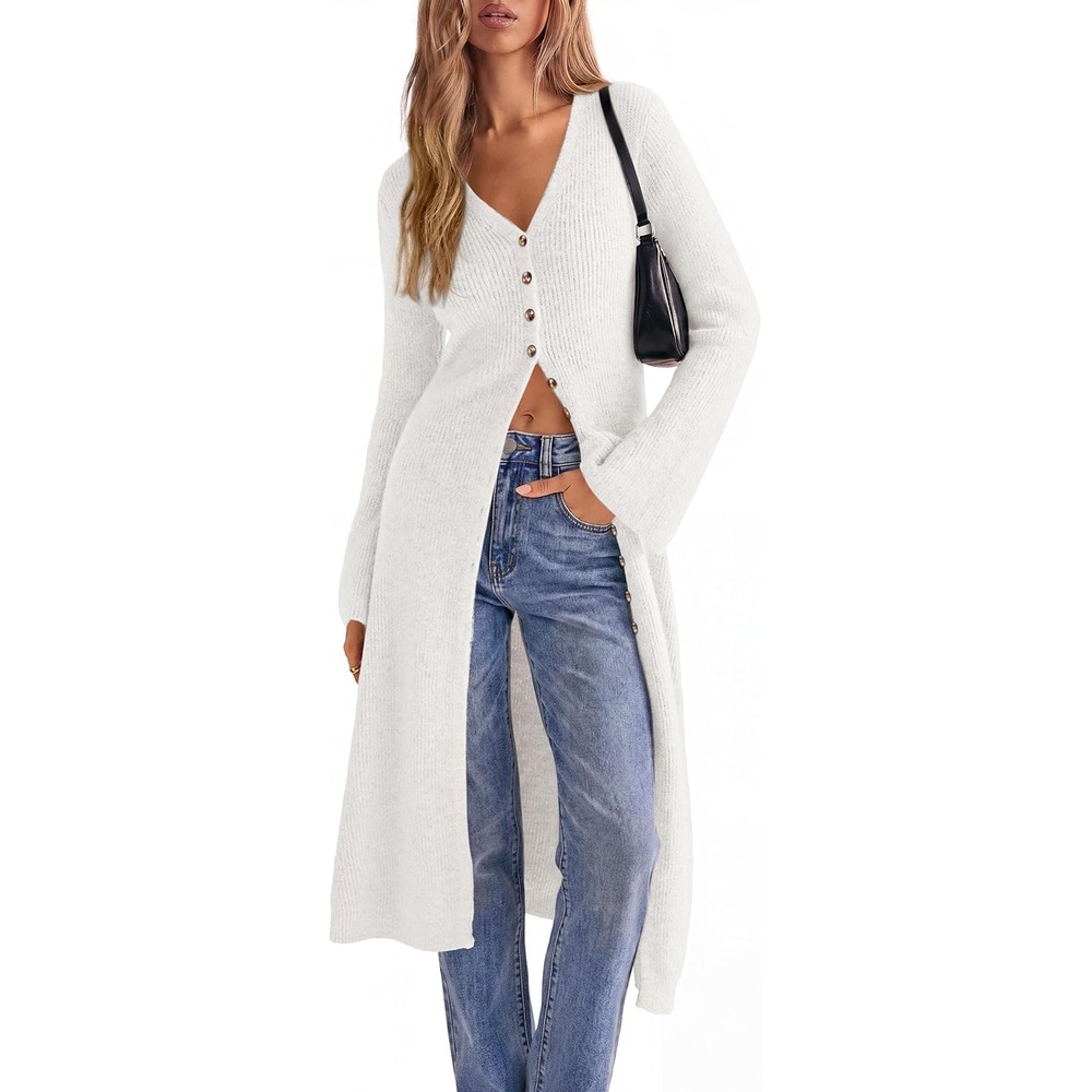 image:imagePRETTYGARDEN Women Long Cardigan Bell Sleeve Sweater DressWhite