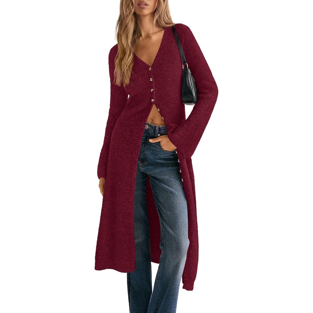 image:imagePRETTYGARDEN Women Long Cardigan Bell Sleeve Sweater DressWine Red
