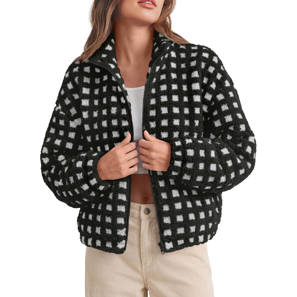 image:imagePRETTYGARDEN Womens Gingham Sherpa Fleece Jacket Plaid Cropped Teddy CoatPlaid Black White