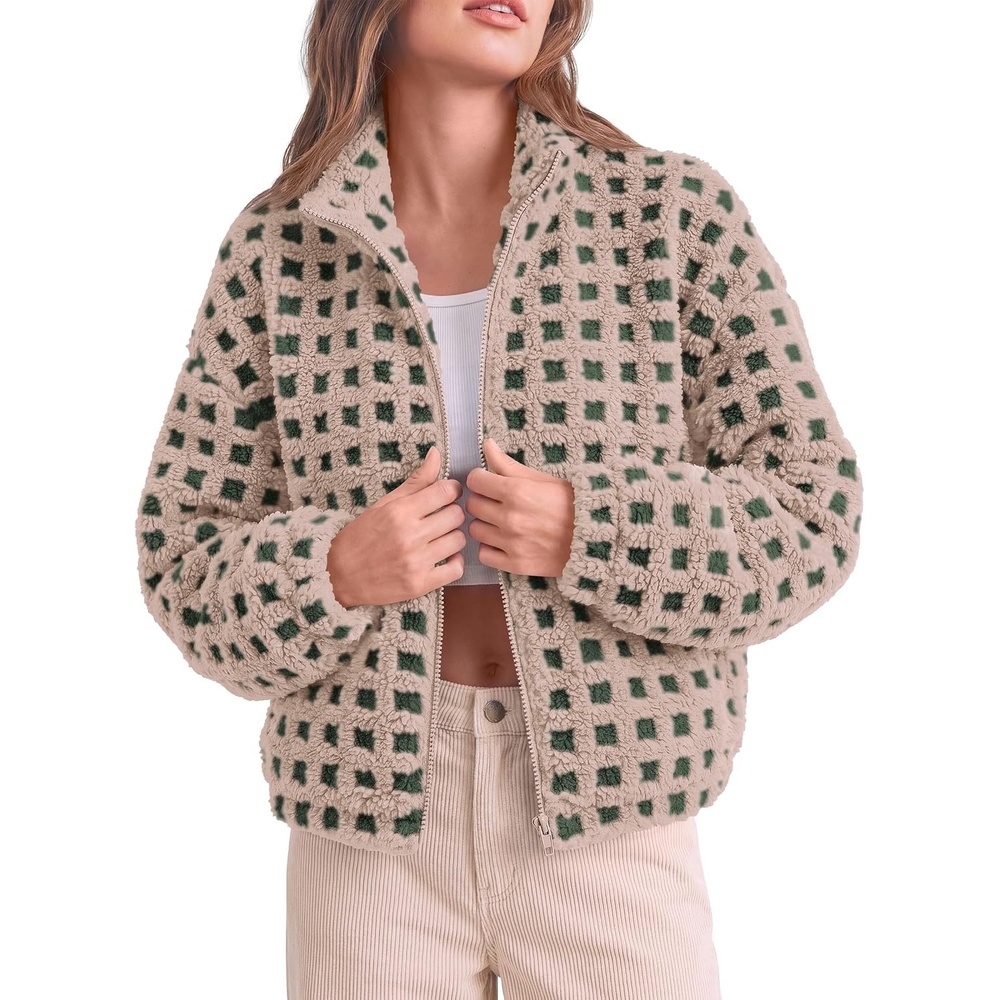 image:imagePRETTYGARDEN Womens Gingham Sherpa Fleece Jacket Plaid Cropped Teddy CoatPlaid Khaki Green