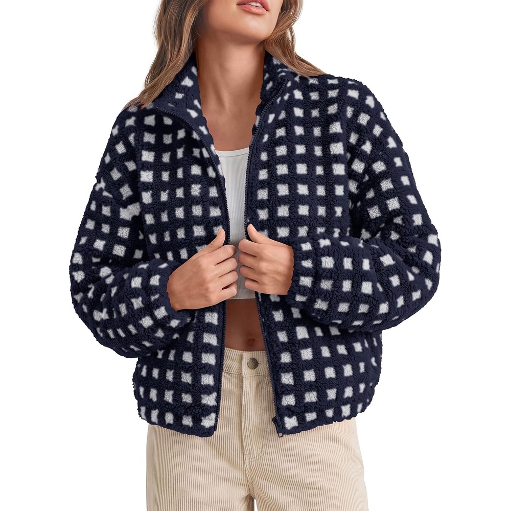 image:imagePRETTYGARDEN Womens Gingham Sherpa Fleece Jacket Plaid Cropped Teddy CoatPlaid Navy White