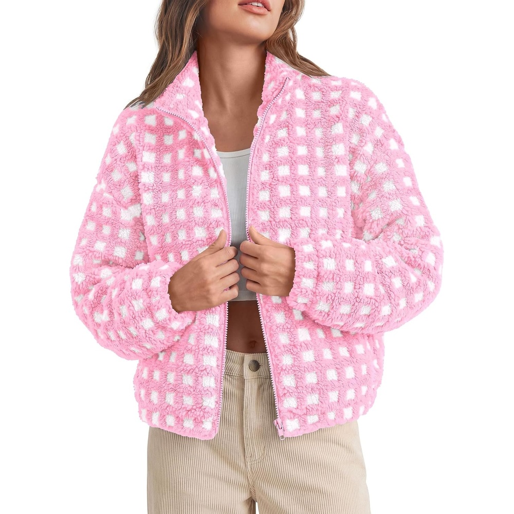 image:imagePRETTYGARDEN Womens Gingham Sherpa Fleece Jacket Plaid Cropped Teddy CoatPlaid Pink White