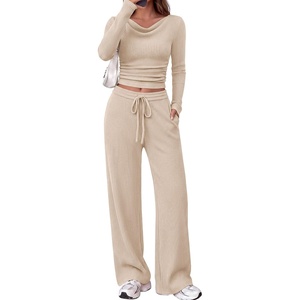 PRETTYGARDEN Matching Sets Women Clothing Fall Ribbed 2 Piece Lounge Set(Apricot)