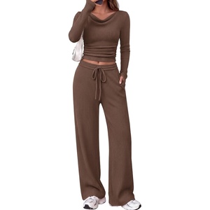 PRETTYGARDEN Matching Sets Women Clothing Fall Ribbed 2 Piece Lounge Set(Brown)