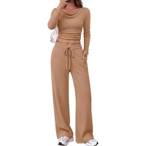 PRETTYGARDEN Matching Sets Women Clothing Fall Ribbed 2 Piece Lounge Set(Khaki)