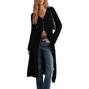 PRETTYGARDEN Women Long Cardigan Bell Sleeve Sweater Dress(Black)