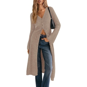 PRETTYGARDEN Women Long Cardigan Bell Sleeve Sweater Dress(Khaki)