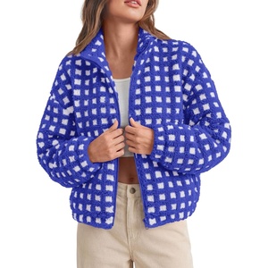PRETTYGARDEN Women’s Gingham Sherpa Fleece Jacket Plaid Cropped Teddy Coat(Plaid Blue White)