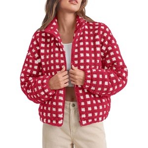 PRETTYGARDEN Women’s Gingham Sherpa Fleece Jacket Plaid Cropped Teddy Coat(Plaid Red White)