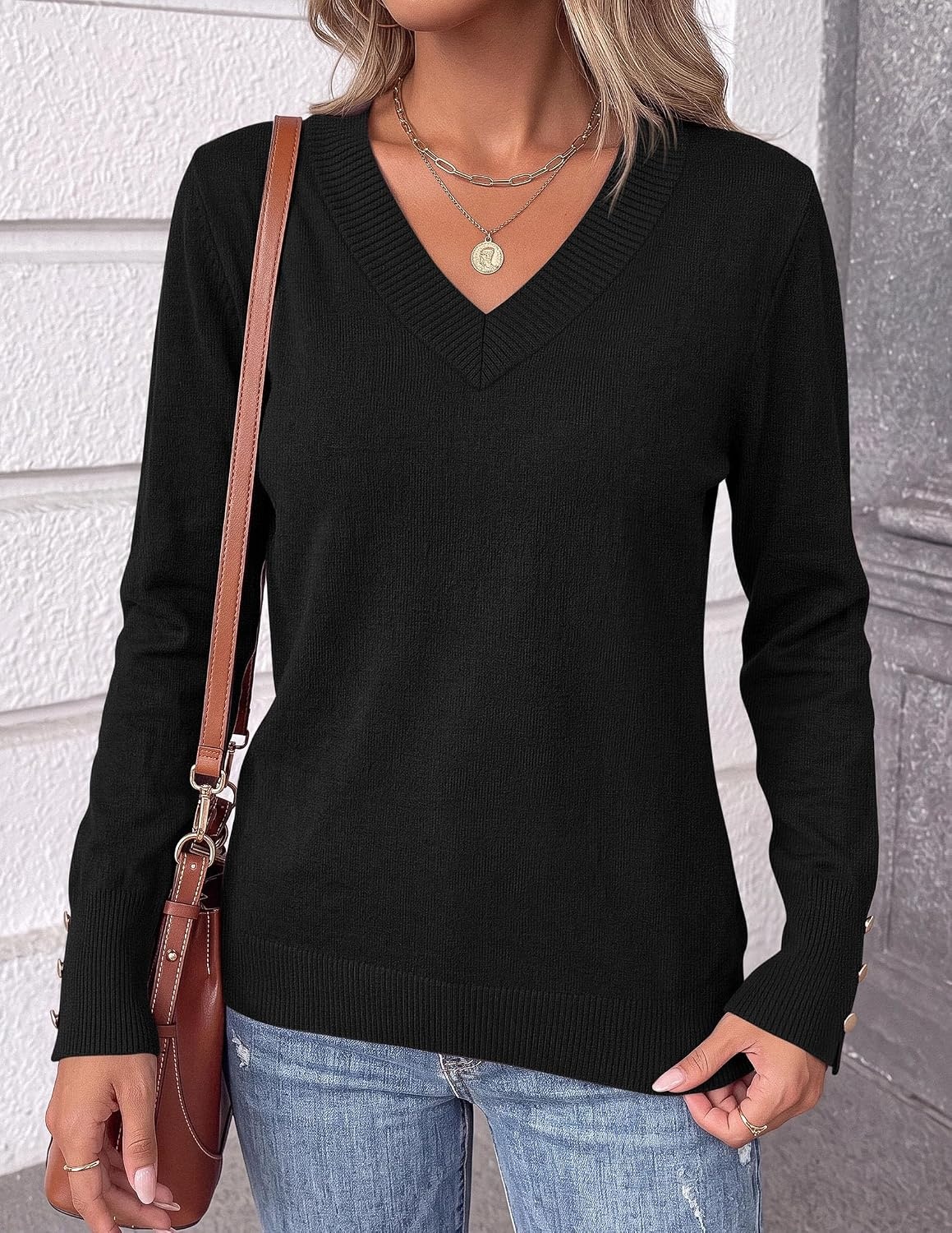 image:imagePRETTYGARDEN Fall Sweaters for Women V Neck Lightweight Pullover TopBlack