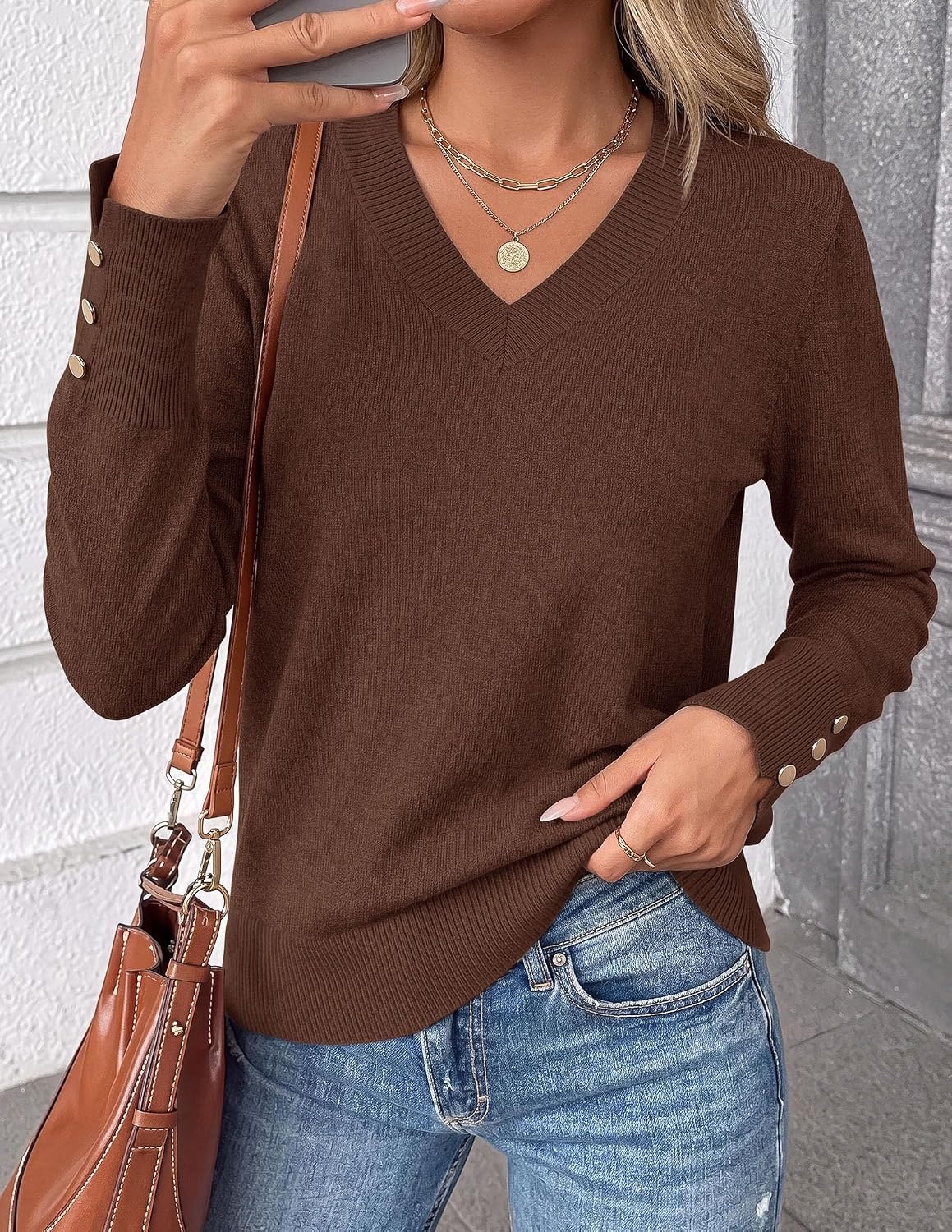 image:imagePRETTYGARDEN Fall Sweaters for Women V Neck Lightweight Pullover TopCoffee