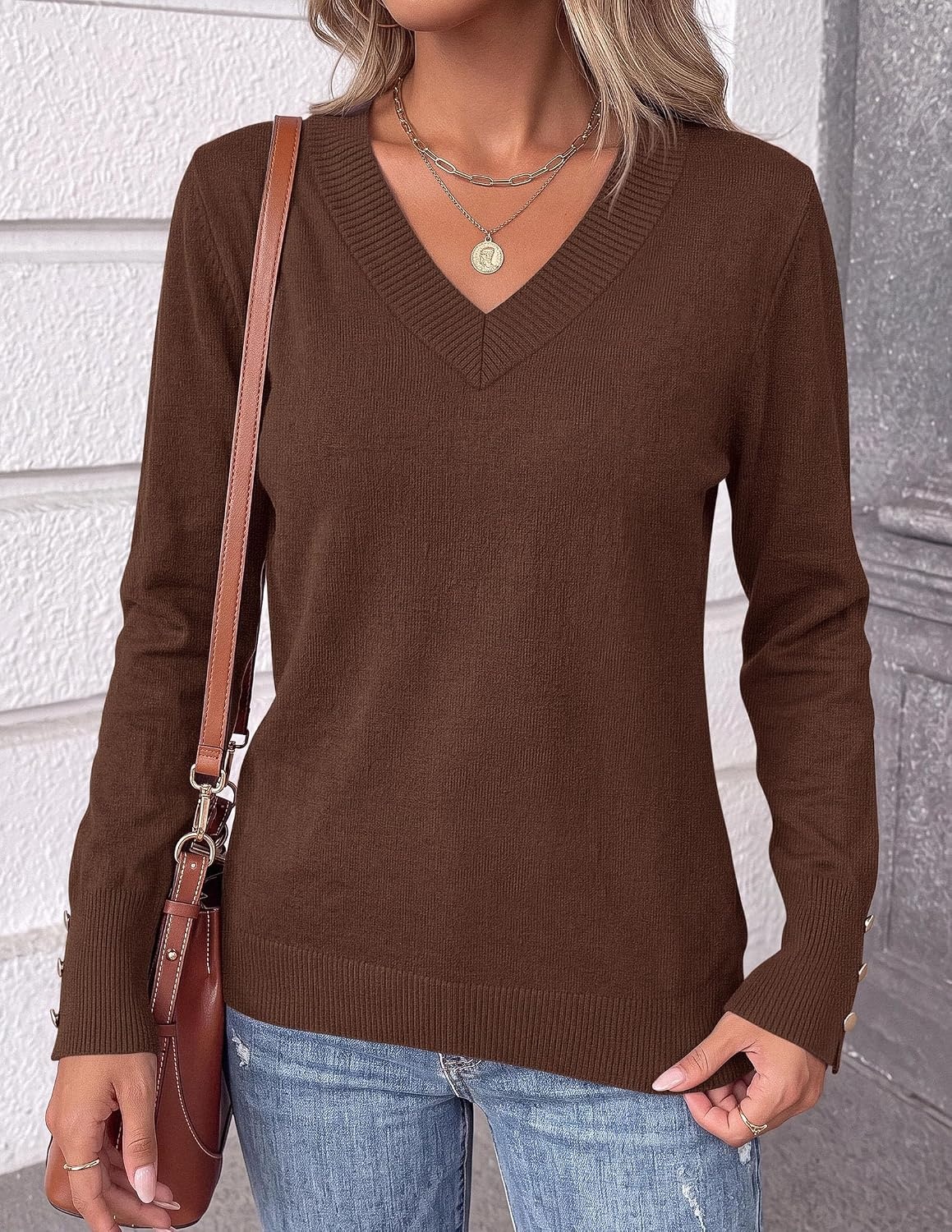 image:imagePRETTYGARDEN Fall Sweaters for Women V Neck Lightweight Pullover TopCoffee