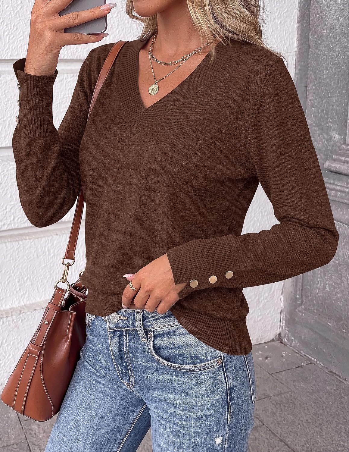 image:imagePRETTYGARDEN Fall Sweaters for Women V Neck Lightweight Pullover TopCoffee