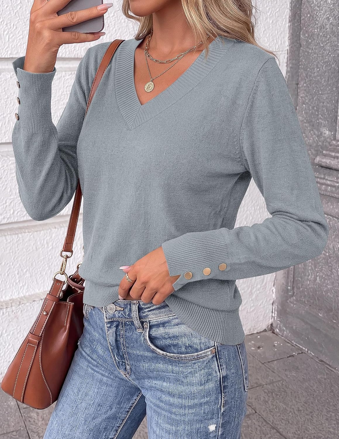 image:imagePRETTYGARDEN Fall Sweaters for Women V Neck Lightweight Pullover TopGrey Blue