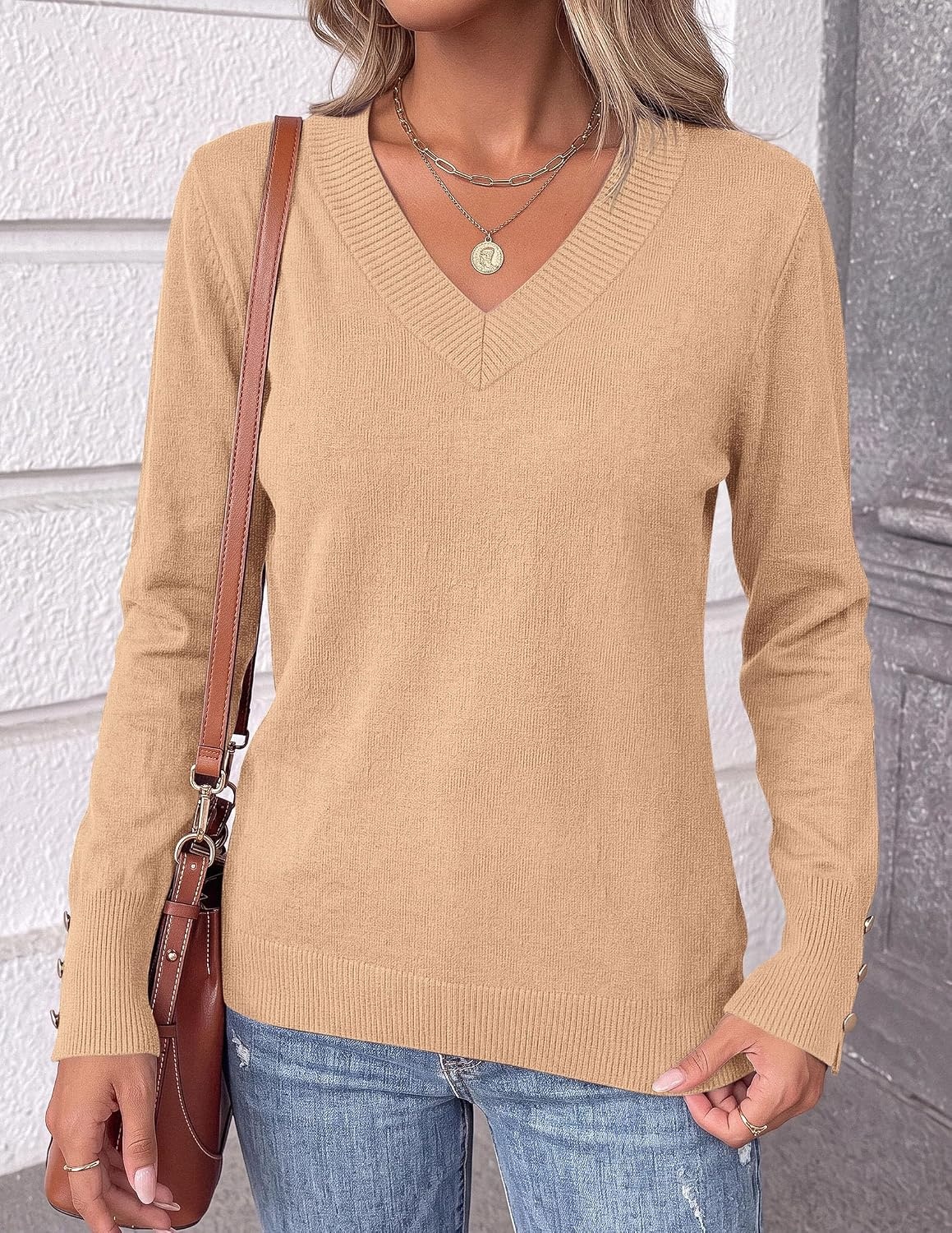 image:imagePRETTYGARDEN Fall Sweaters for Women V Neck Lightweight Pullover TopKhaki
