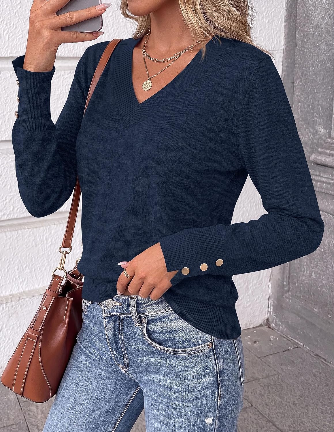 image:imagePRETTYGARDEN Fall Sweaters for Women V Neck Lightweight Pullover TopNavy
