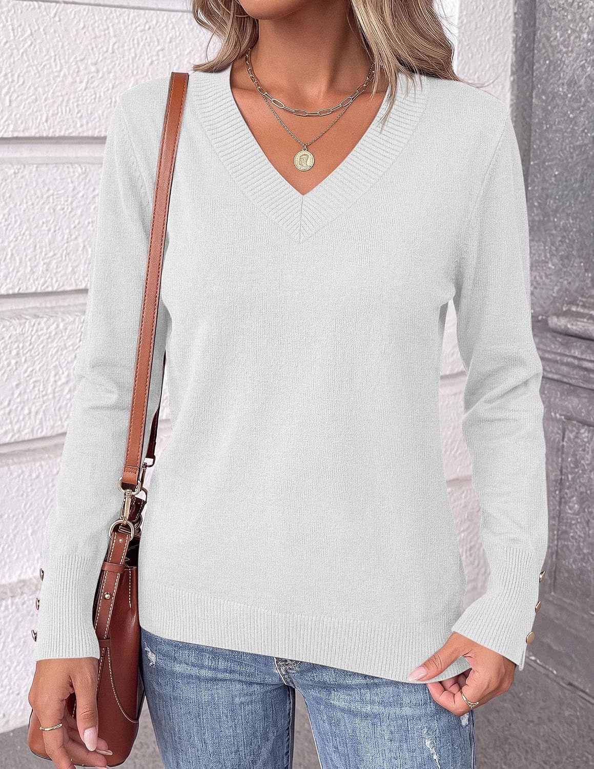 image:imagePRETTYGARDEN Fall Sweaters for Women V Neck Lightweight Pullover TopWhite