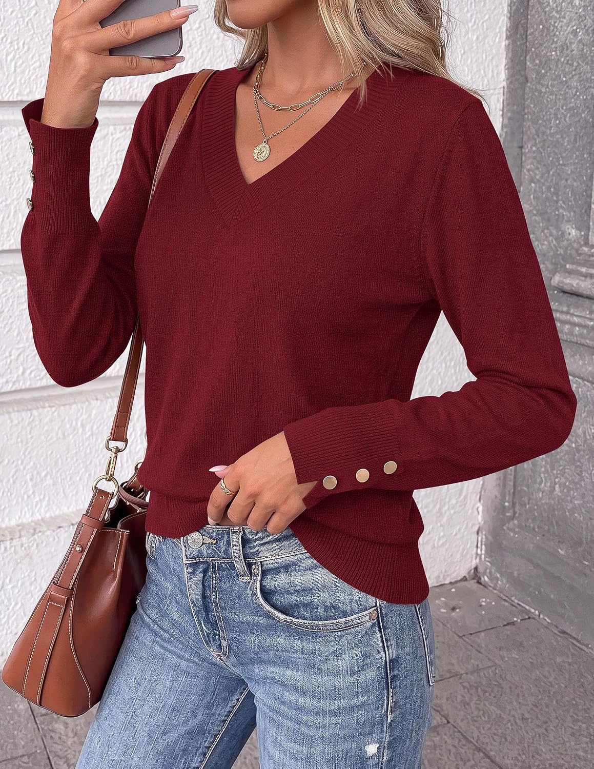 image:imagePRETTYGARDEN Fall Sweaters for Women V Neck Lightweight Pullover TopWine Red