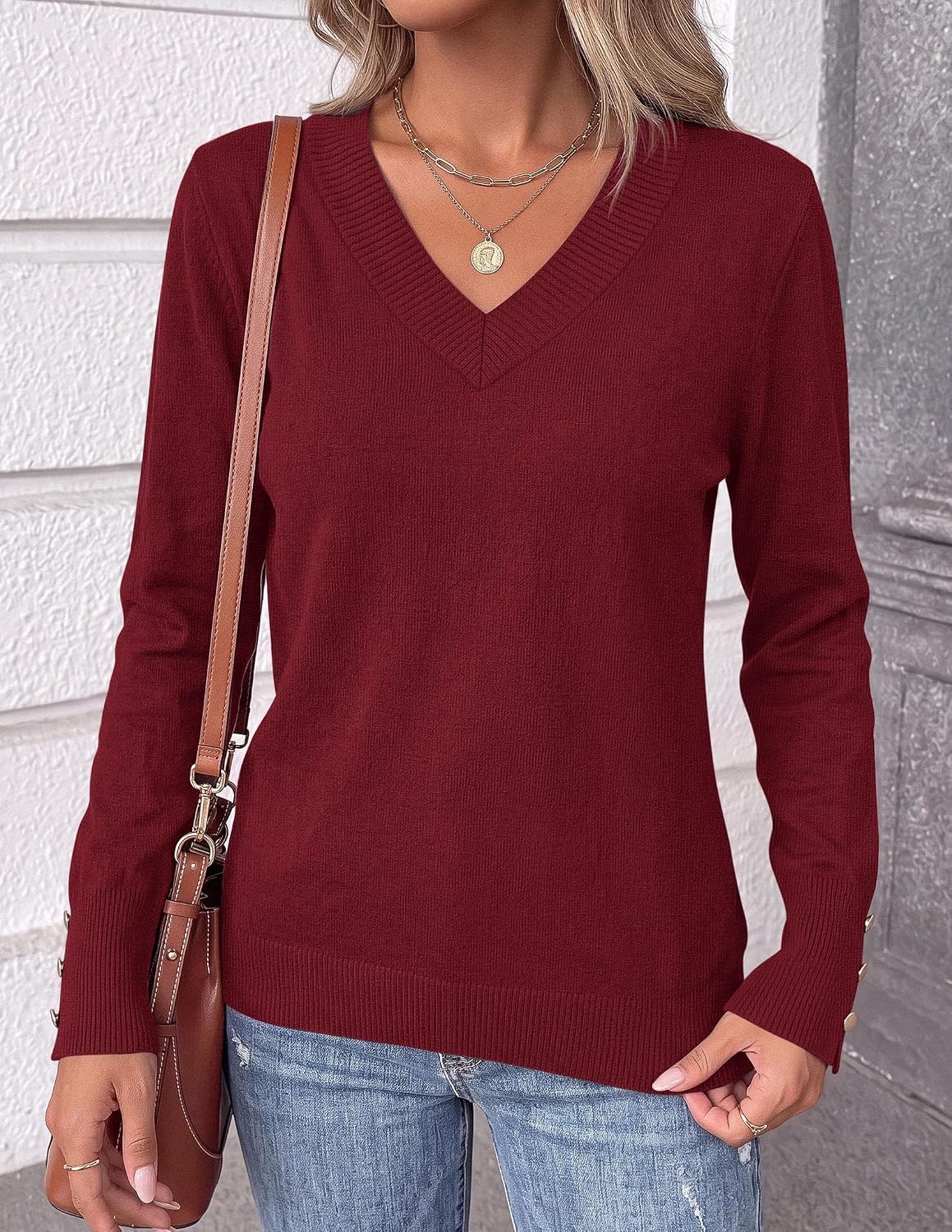 image:imagePRETTYGARDEN Fall Sweaters for Women V Neck Lightweight Pullover TopWine Red