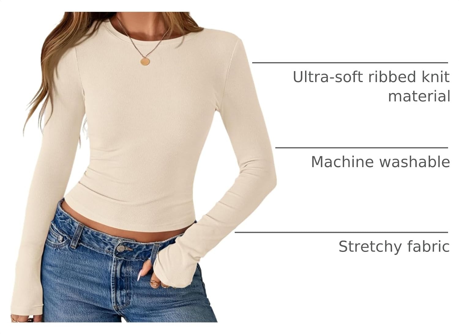 image:imagePRETTYGARDEN Womens Fall Long Sleeve Shirts Basic TeesBeige