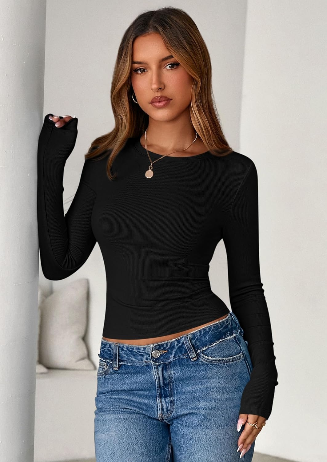 image:imagePRETTYGARDEN Womens Fall Long Sleeve Shirts Basic TeesBlack