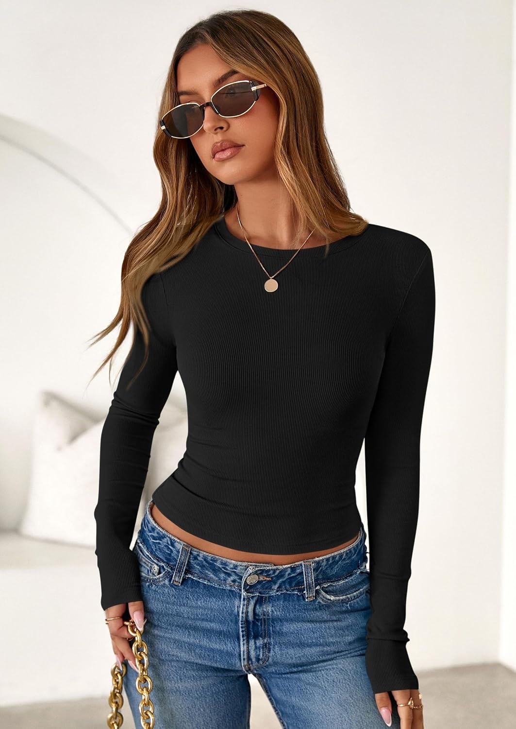 image:imagePRETTYGARDEN Womens Fall Long Sleeve Shirts Basic TeesBlack