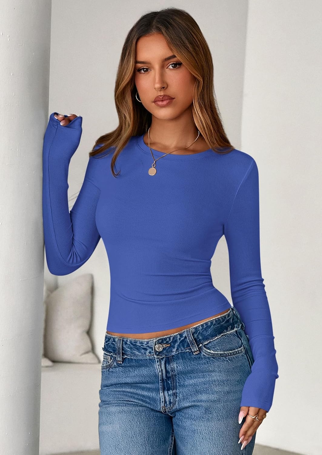 image:imagePRETTYGARDEN Womens Fall Long Sleeve Shirts Basic TeesBlue