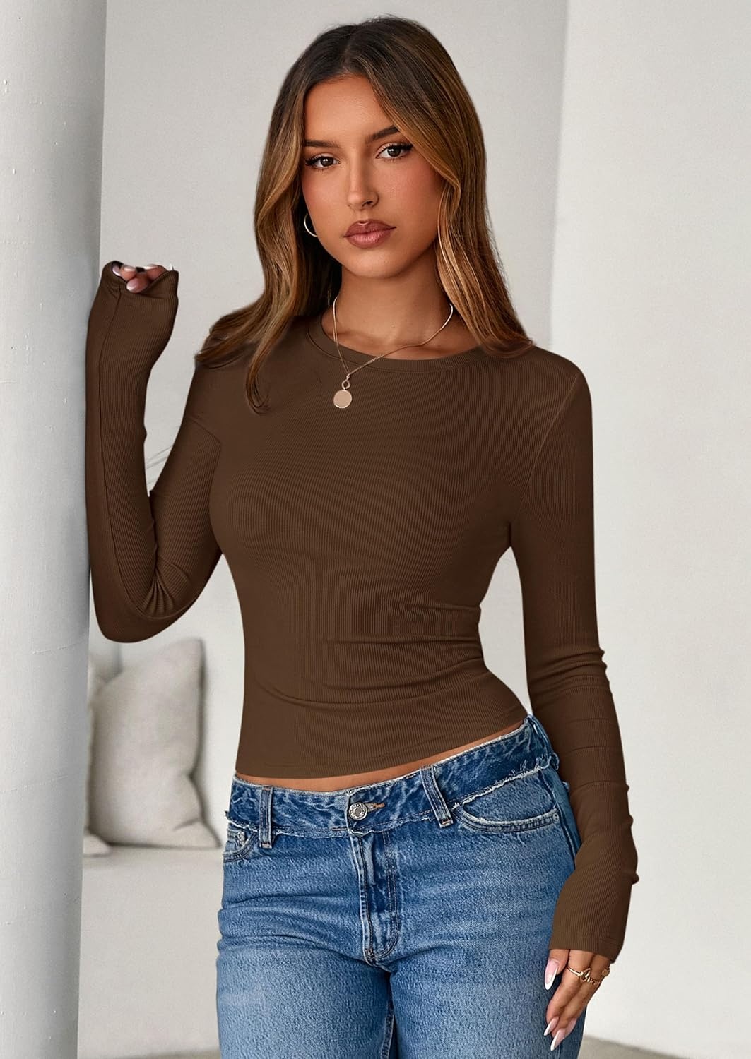 image:imagePRETTYGARDEN Womens Fall Long Sleeve Shirts Basic TeesBrown