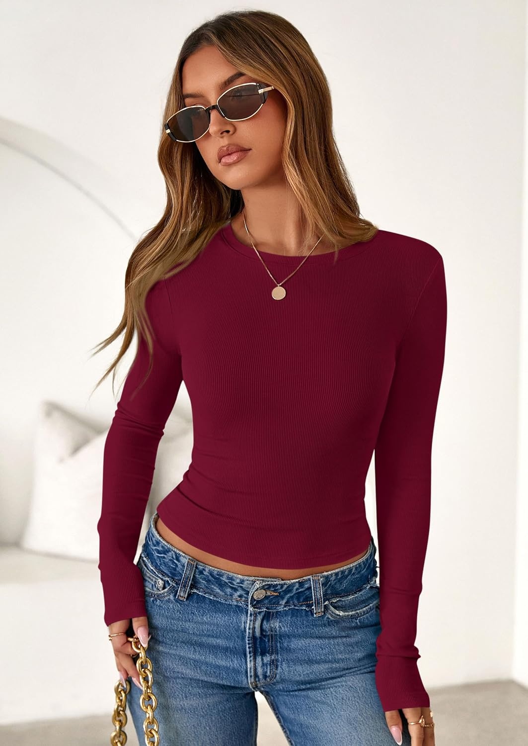 image:imagePRETTYGARDEN Womens Fall Long Sleeve Shirts Basic TeesBurgundy
