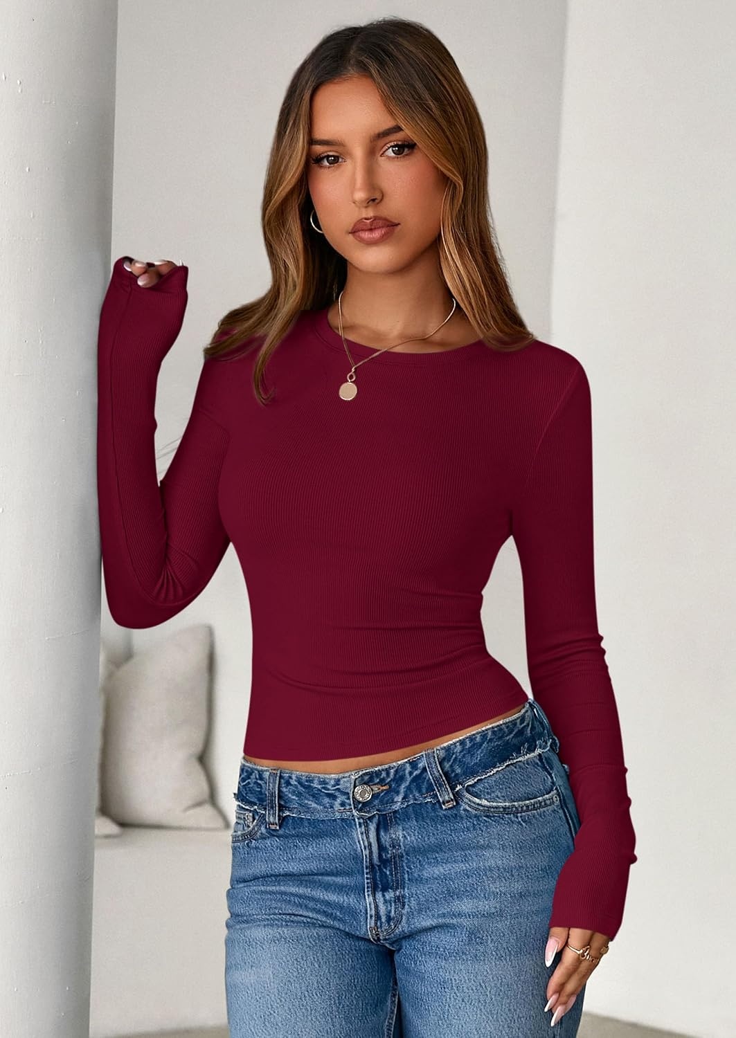 image:imagePRETTYGARDEN Womens Fall Long Sleeve Shirts Basic TeesBurgundy