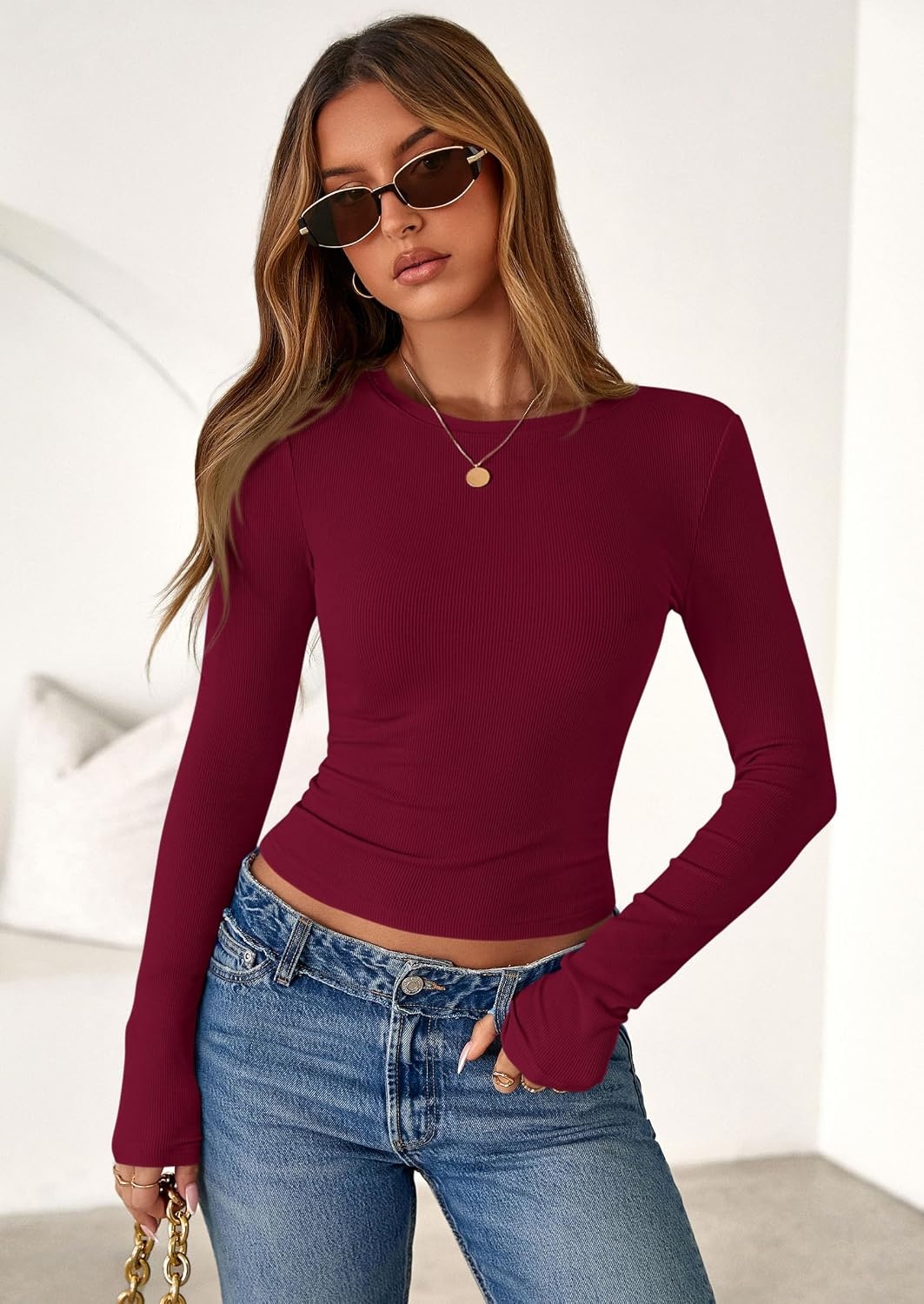 image:imagePRETTYGARDEN Womens Fall Long Sleeve Shirts Basic TeesBurgundy