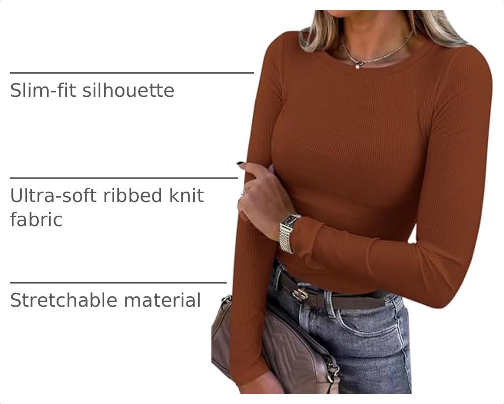 image:imagePRETTYGARDEN Womens Fall Long Sleeve Shirts Basic TeesCaramel