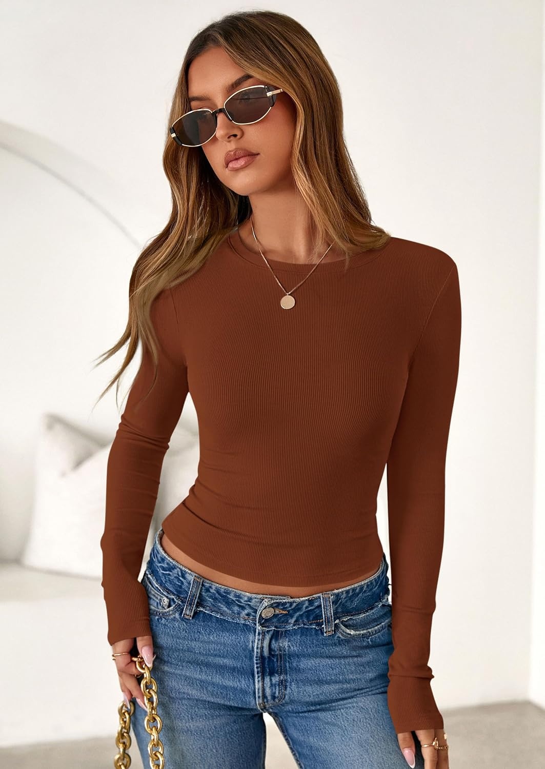 image:imagePRETTYGARDEN Womens Fall Long Sleeve Shirts Basic TeesCaramel