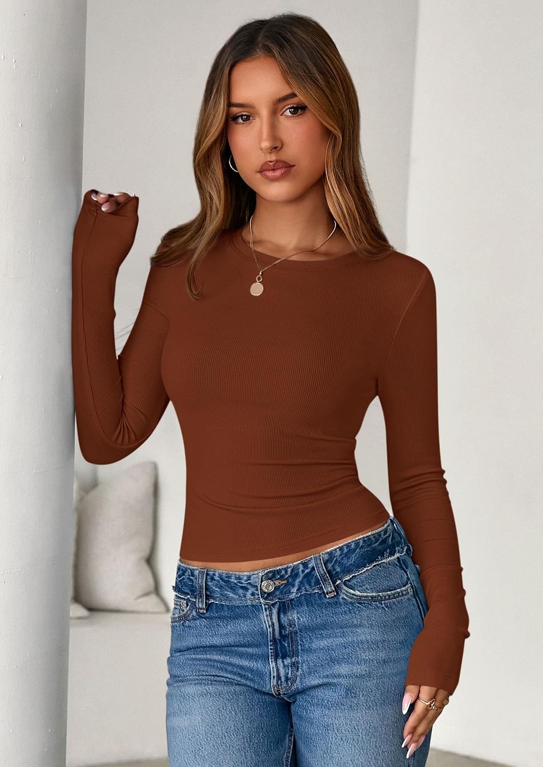 image:imagePRETTYGARDEN Womens Fall Long Sleeve Shirts Basic TeesCaramel