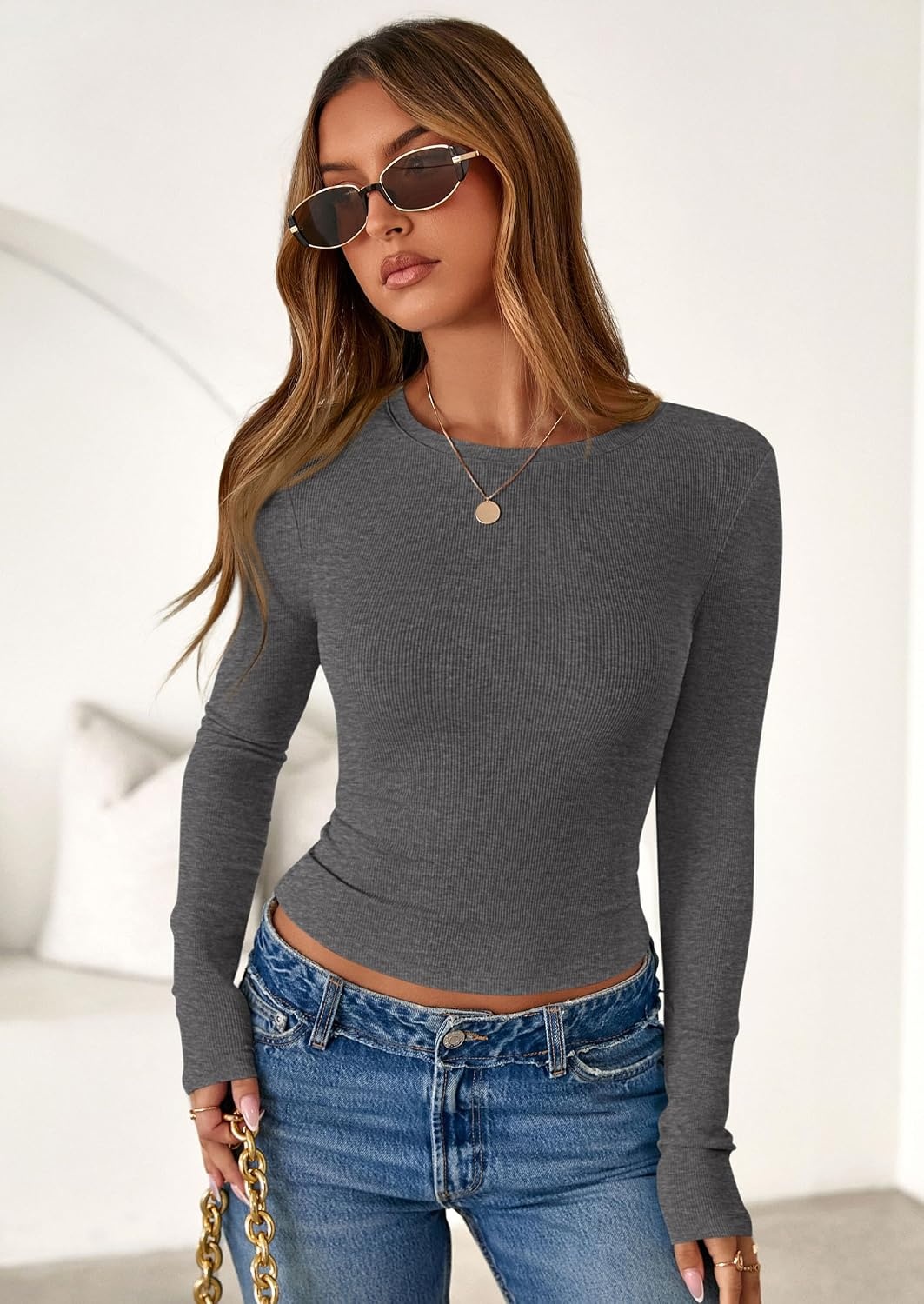 image:imagePRETTYGARDEN Womens Fall Long Sleeve Shirts Basic TeesCharcoal