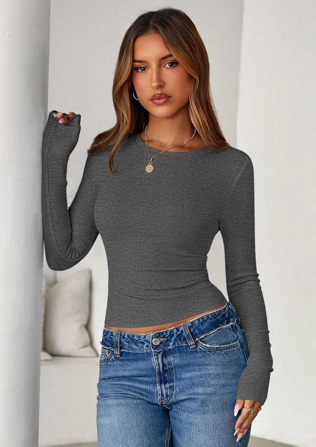 image:imagePRETTYGARDEN Womens Fall Long Sleeve Shirts Basic TeesCharcoal
